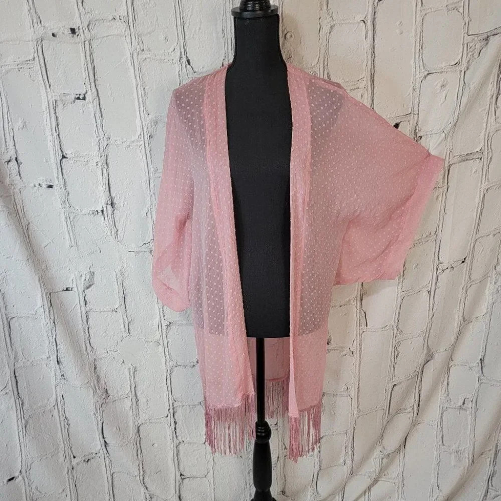 LIGHT Pink Blush Color Swiss Dot Wide Sleeve Fringe Boho Kimono one size